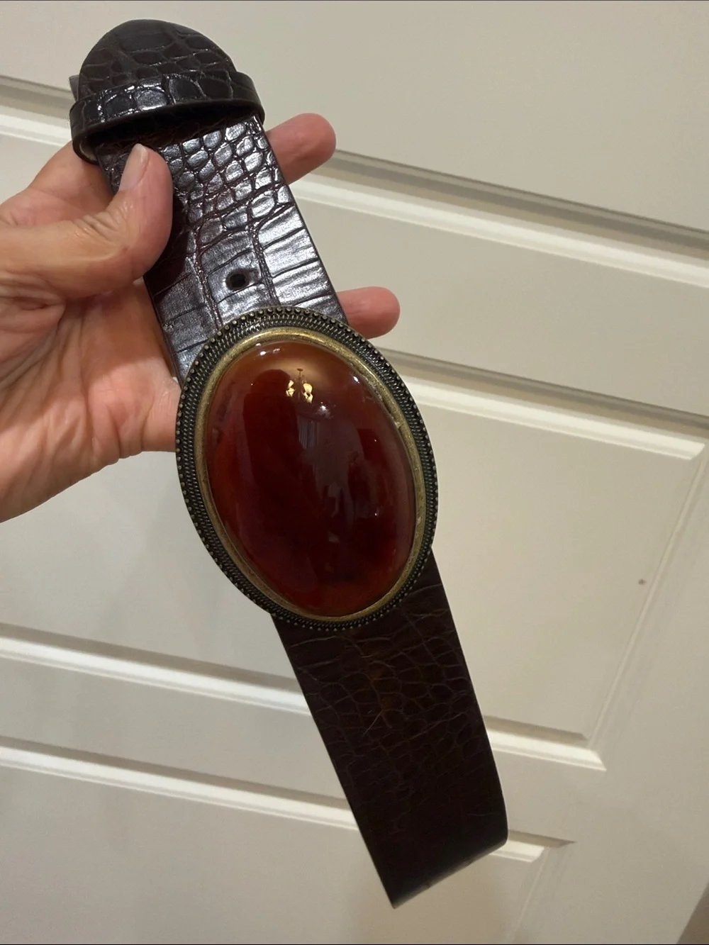 Dark Brown Croc-Pattern Leather Belt with Amber Cabochon Oval Stone Buckle